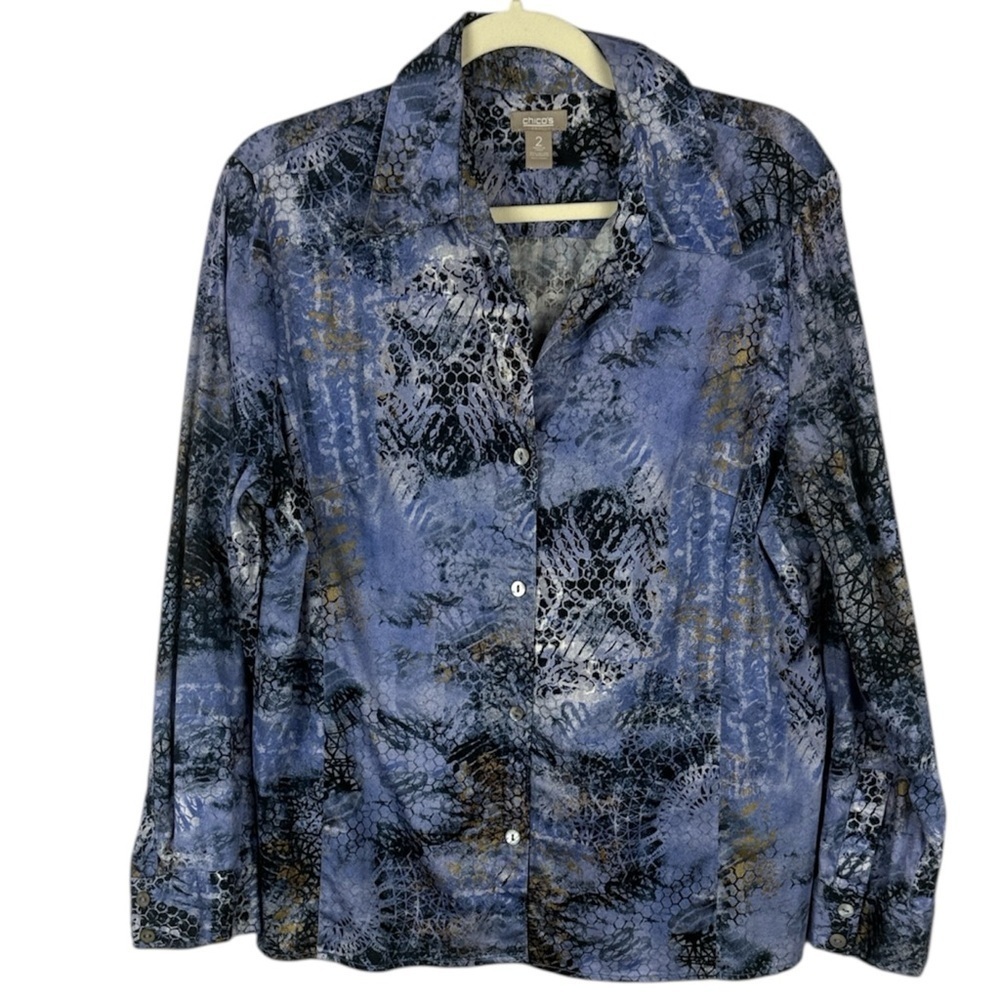 Chico's Chic Blue Black & Gray Bold Abstract Animal Inspired Button Down Blouse